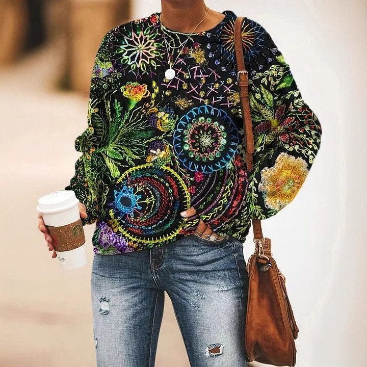 Casual Crew Neck Ethnic Sweatshirt