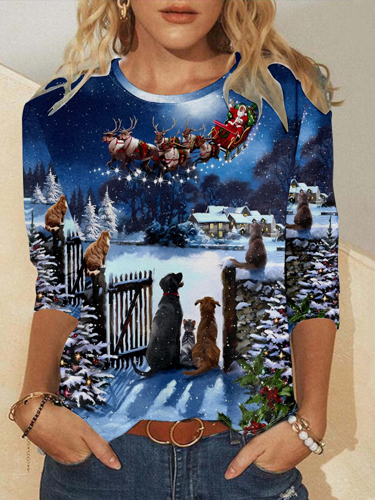 Casual Christmas Crew Neck Long Sleeve T-shirt