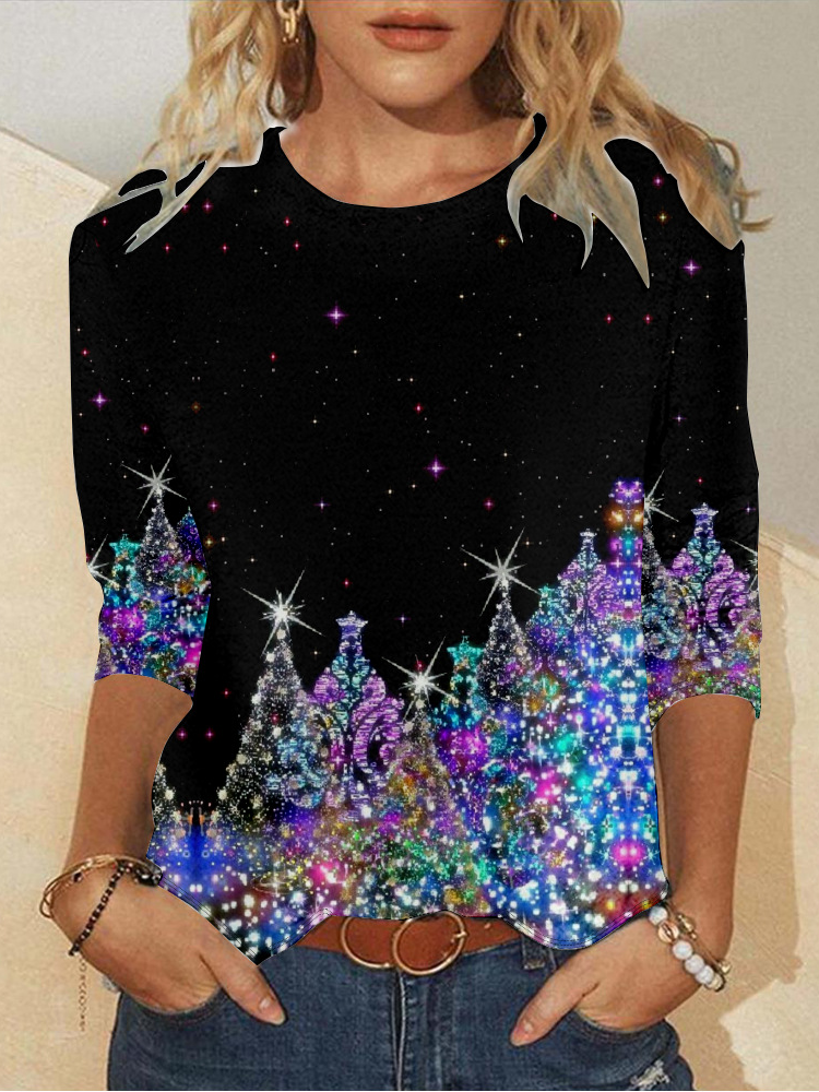 Casual Christmas Crew Neck Long Sleeve T-shirt