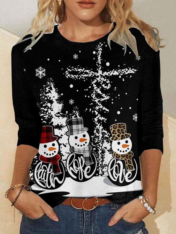 Casual Christmas Crew Neck Long Sleeve T-shirt