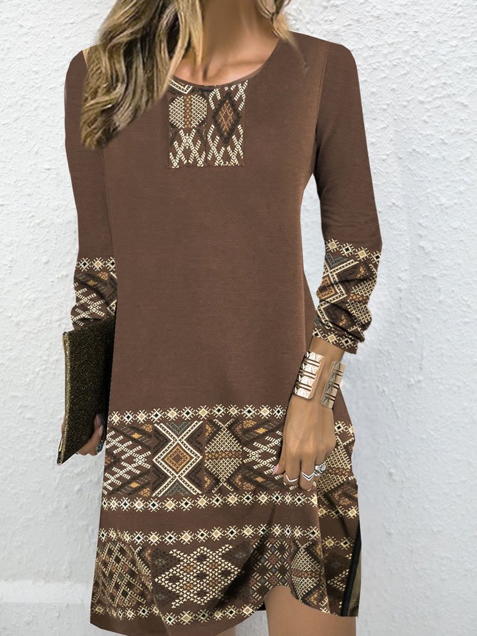 Women Ethnic Crew Neck Long Sleeve Comfy Vintage Mini Dress