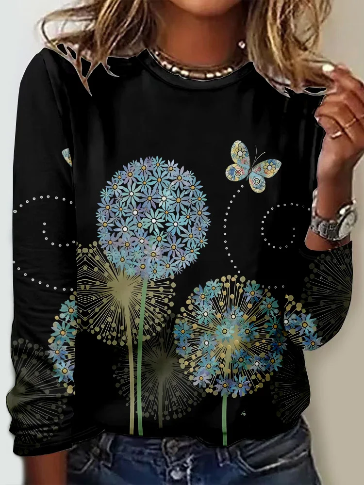 Casual Floral Crew Neck Long Sleeve T-shirt