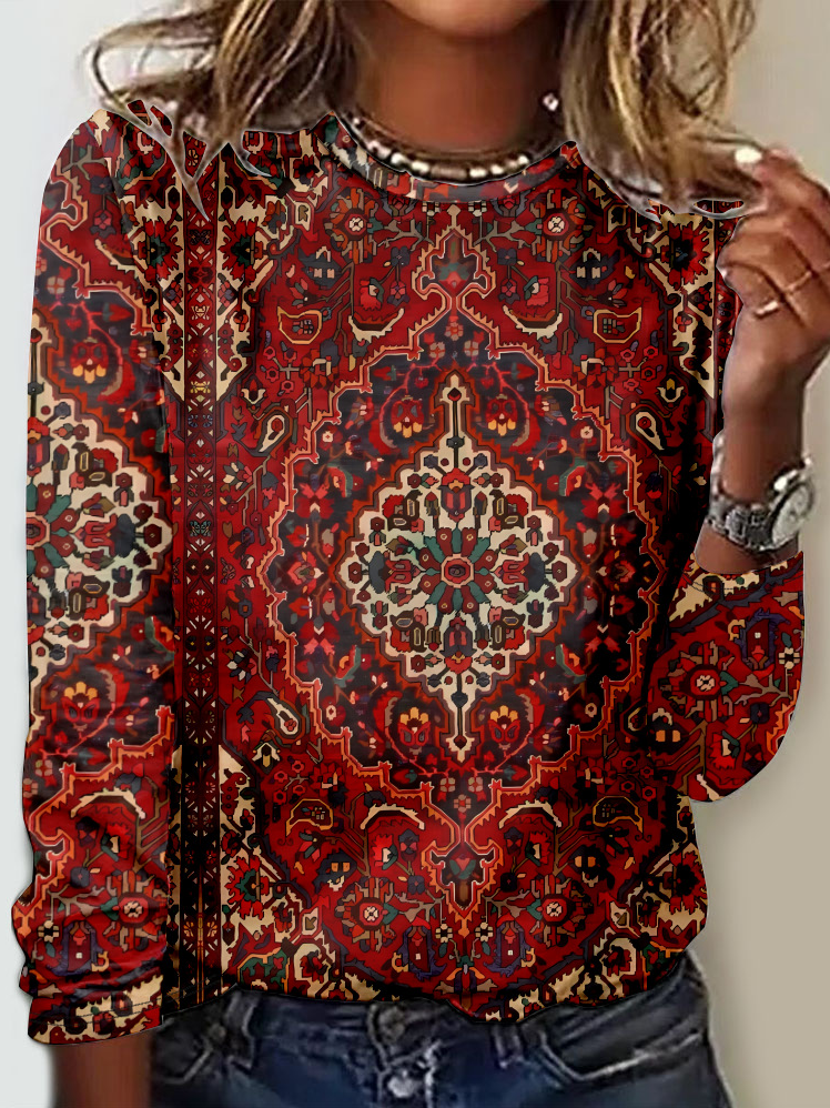 Casual Ethnic Crew Neck Long Sleeve T-shirt