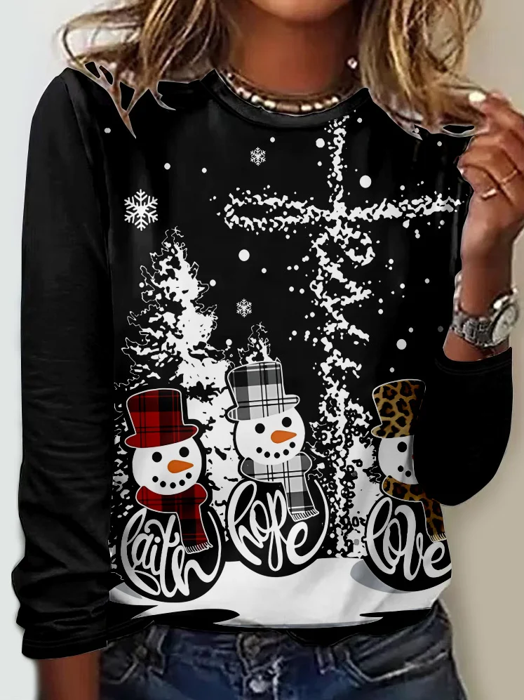 Casual Christmas Crew Neck Long Sleeve T-shirt