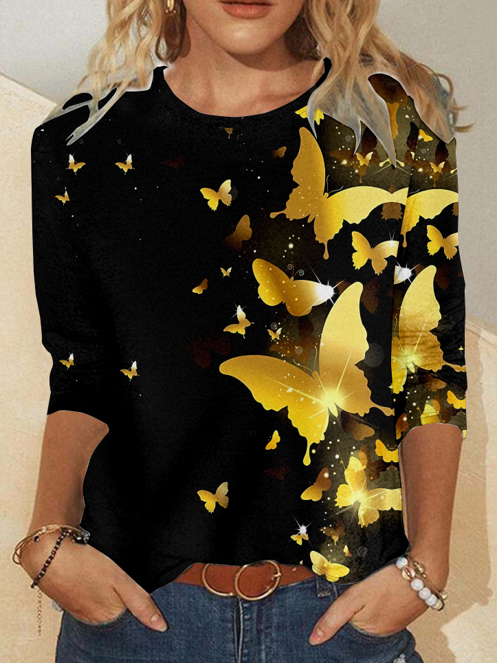 Casual Butterfly Crew Neck Long Sleeve T-shirt