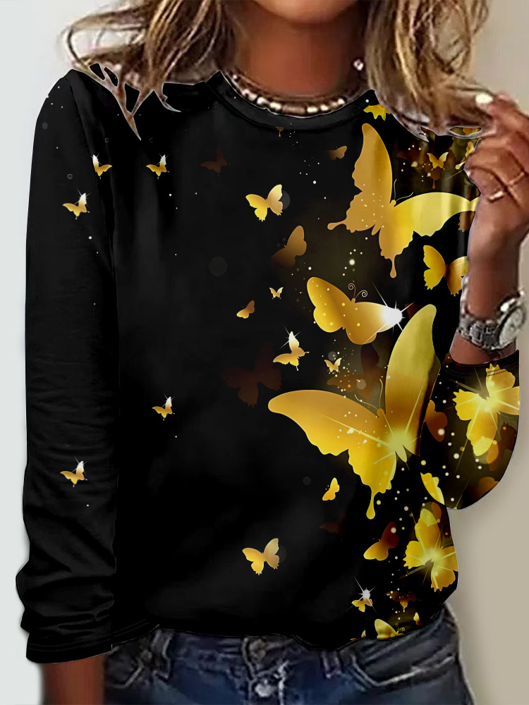 Casual Butterfly Crew Neck Long Sleeve T-shirt