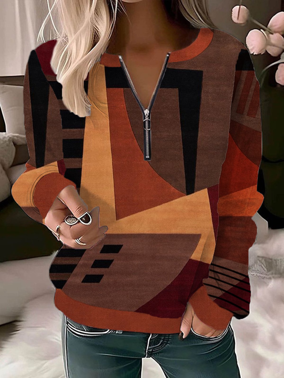 Casual Crew Neck Colorblock Sweatshirt