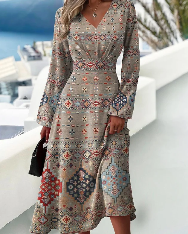 Women 3D Printing Balloon Sleeve Spring/Fall Dress V Neck Long Sleeve A-Line Dress