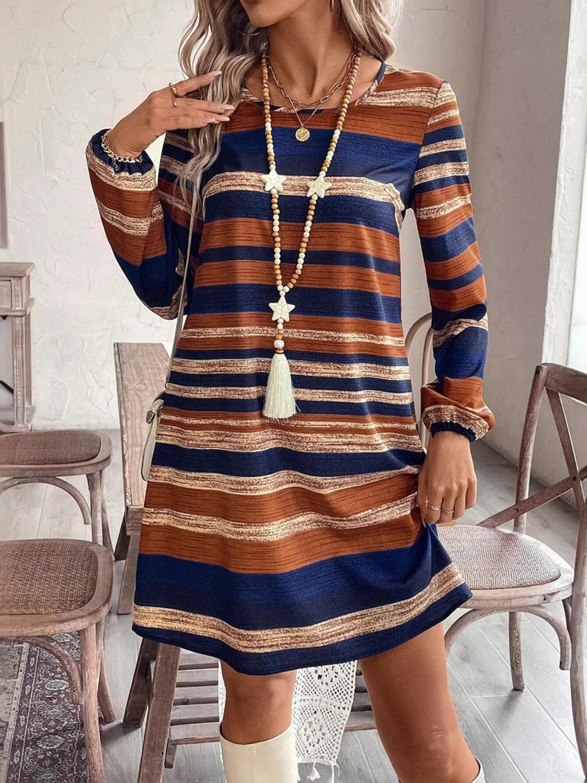 Women Striped Crew Neck Long Sleeve Comfy Casual Midi Dress