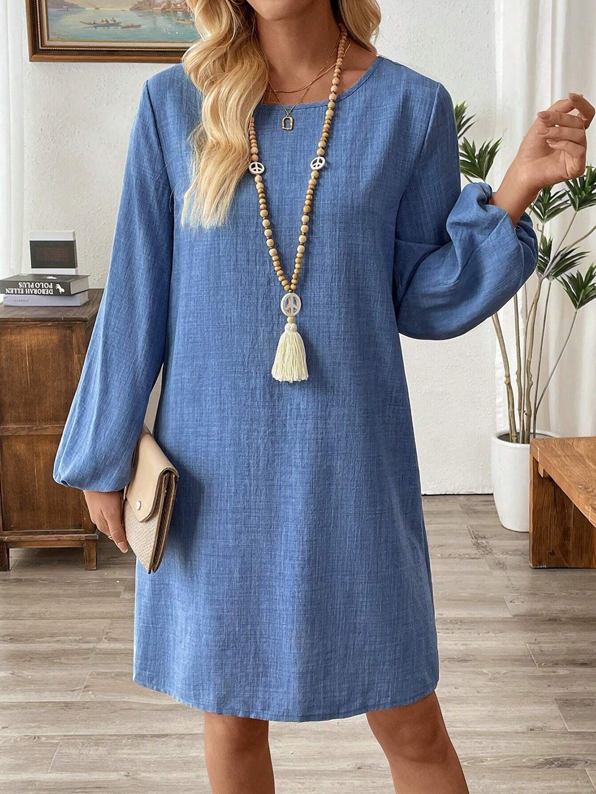 Women Striped Crew Neck Long Sleeve Comfy Casual Midi Dress