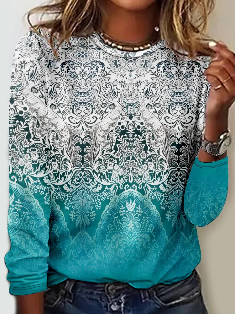 Casual Ethnic Crew Neck Long Sleeve T-shirt