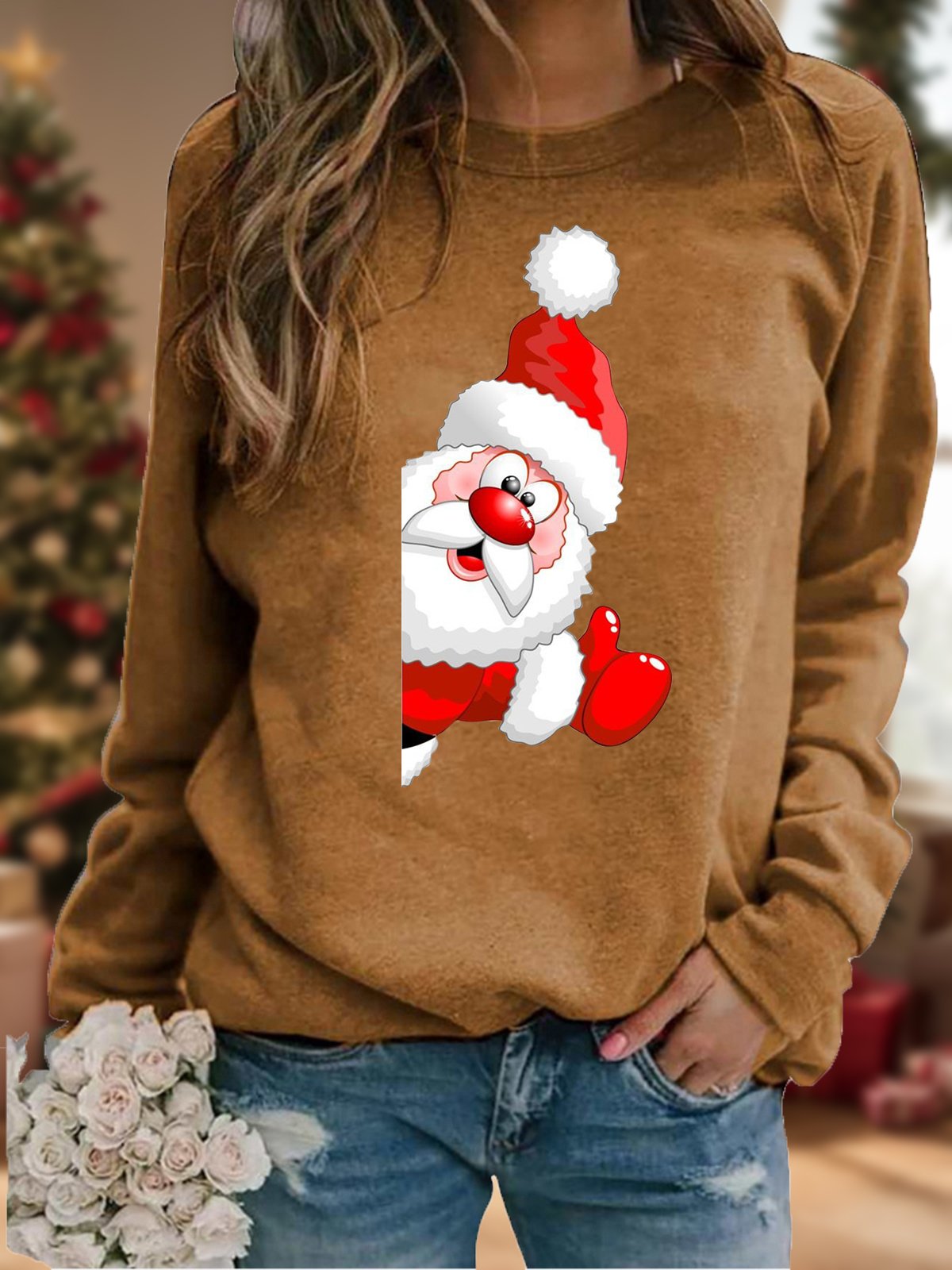 Casual Crew Neck Christmas Santa Sweatshirt