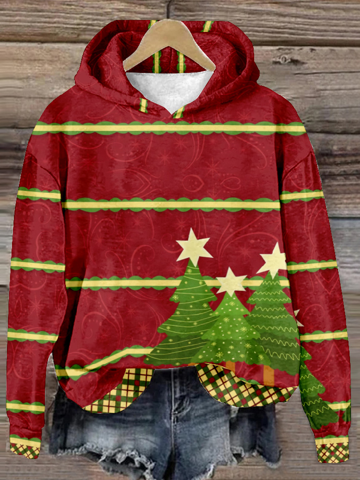 Casual Christmas Tree Art Print Hoodie Floral Sweatshirt