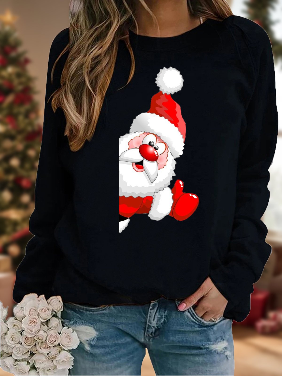 Casual Crew Neck Christmas Santa Sweatshirt