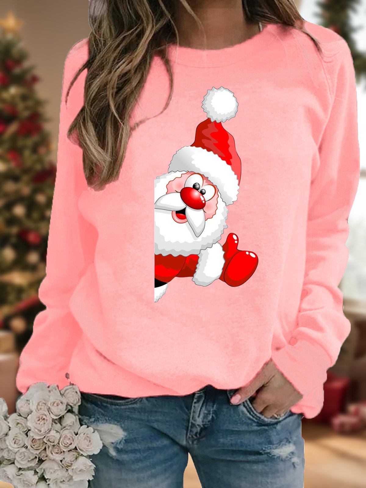 Casual Crew Neck Christmas Santa Sweatshirt