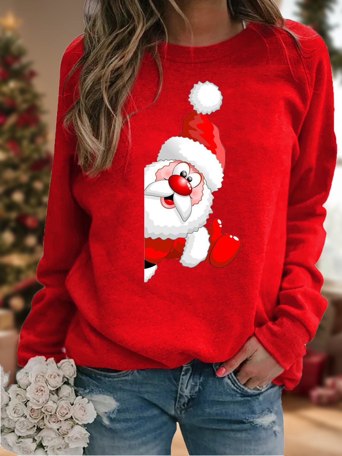 Casual Crew Neck Christmas Santa Sweatshirt