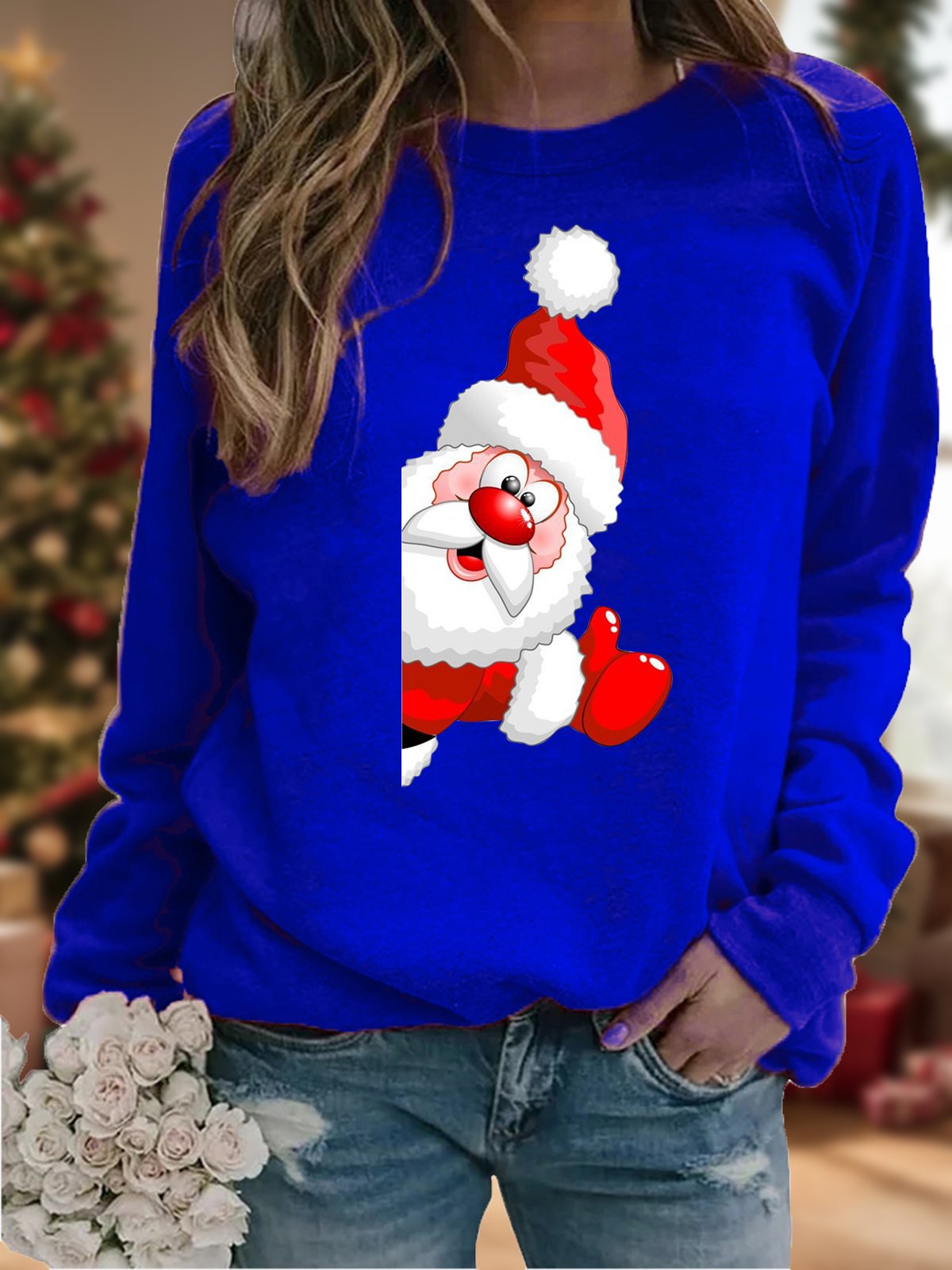 Casual Crew Neck Christmas Santa Sweatshirt