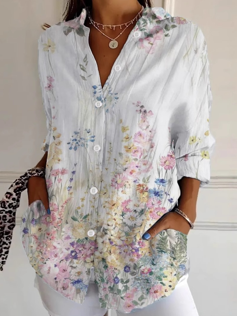 Shirt Collar Long Sleeve Floral Regular Loose Shirt For Women