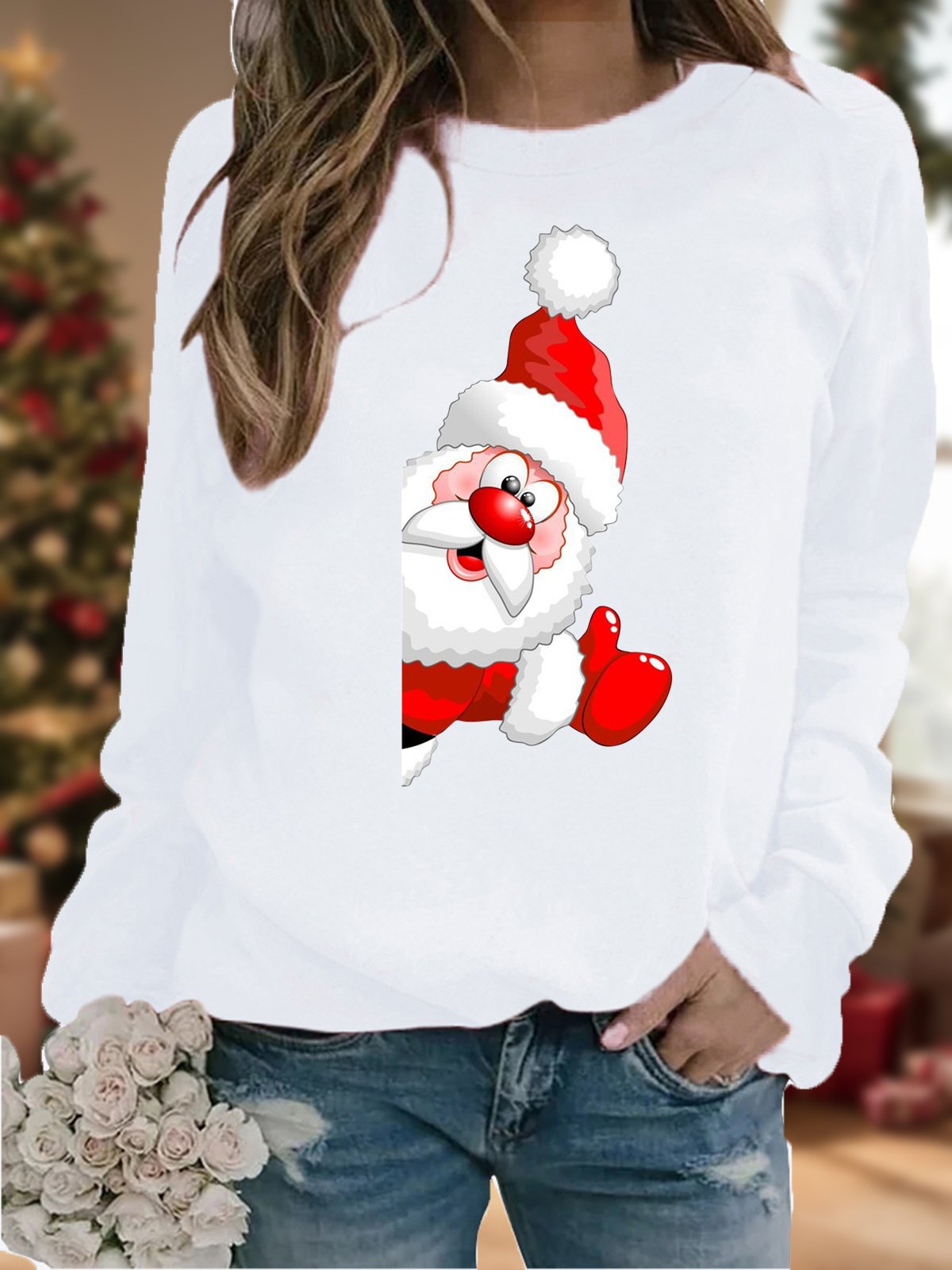 Casual Crew Neck Christmas Santa Sweatshirt