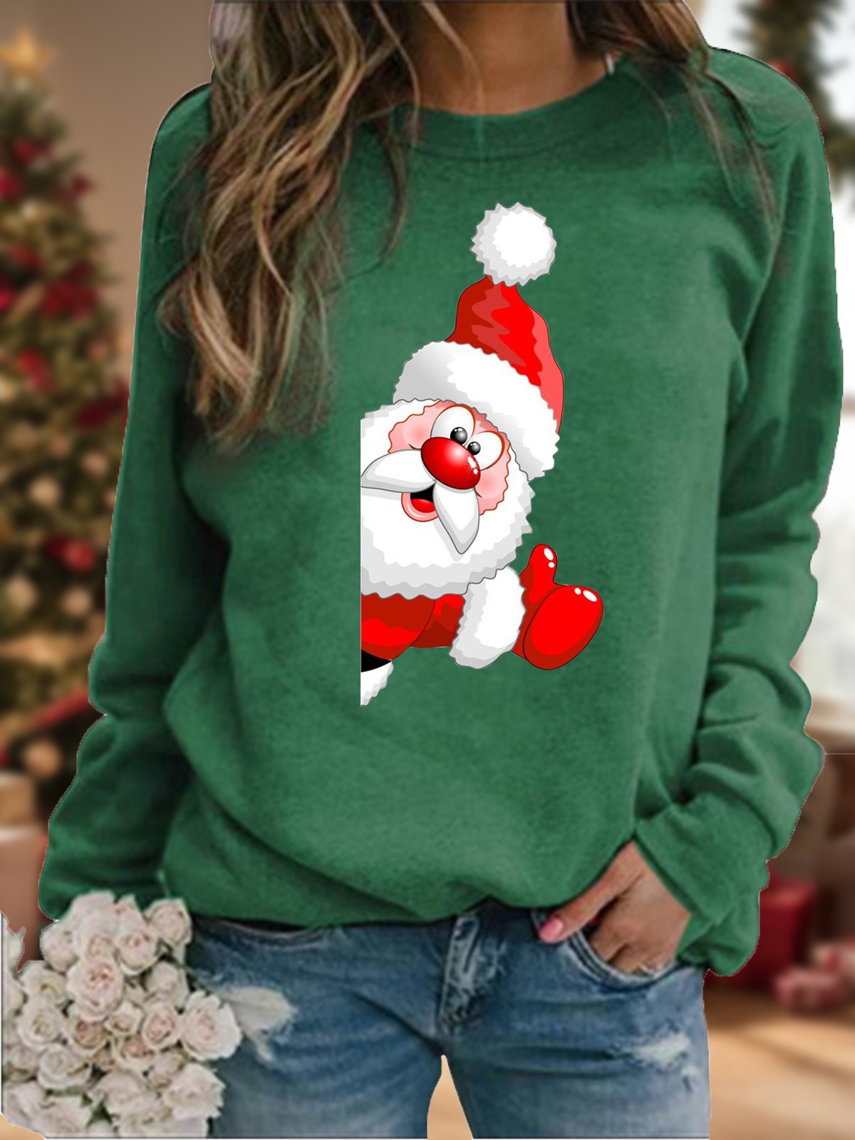 Casual Crew Neck Christmas Santa Sweatshirt