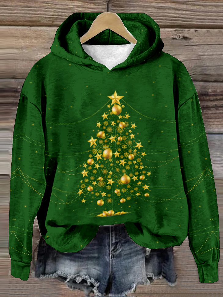 Casual Christmas Tree Art Print Hoodie Floral Sweatshirt