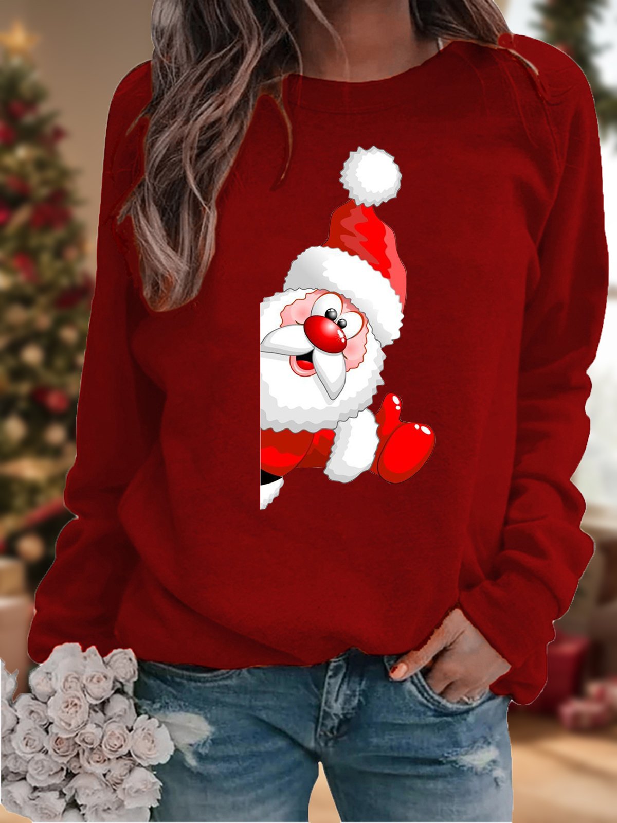 Casual Crew Neck Christmas Santa Sweatshirt