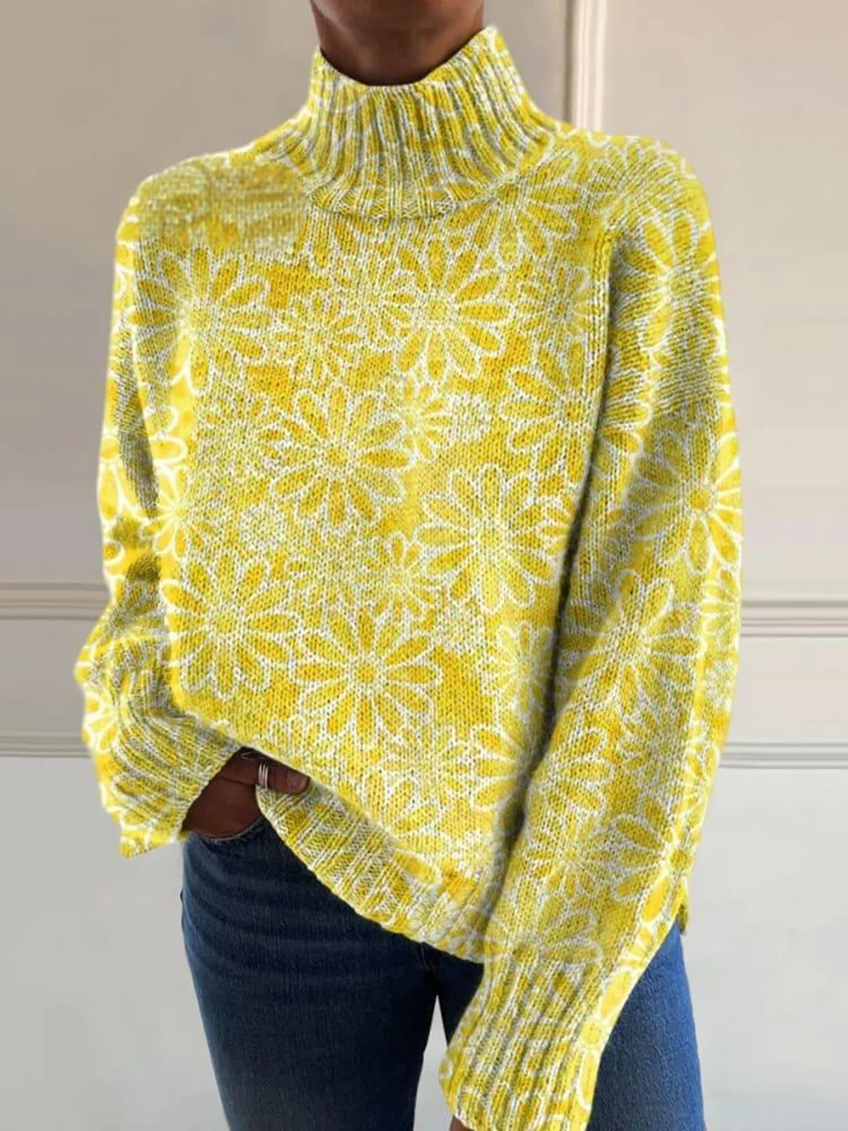 Women Wool/Knitting Floral Long Sleeve Comfy Casual Sweater