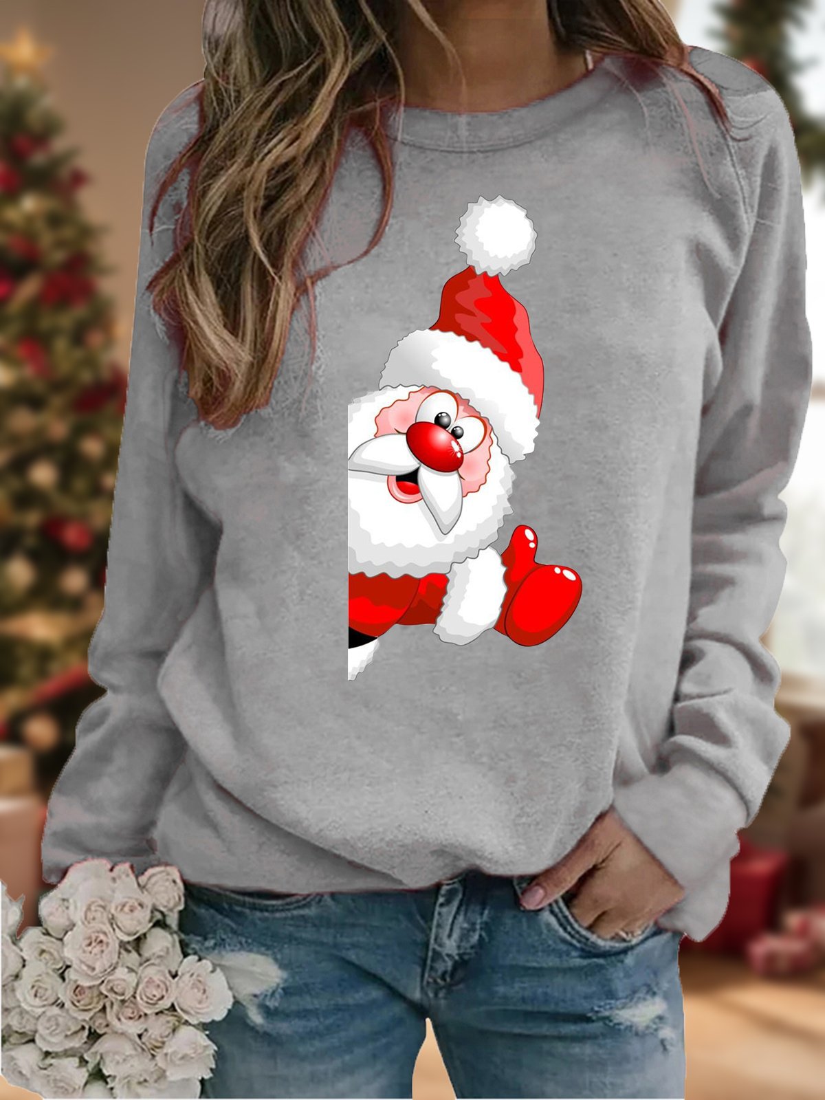 Casual Crew Neck Christmas Santa Sweatshirt