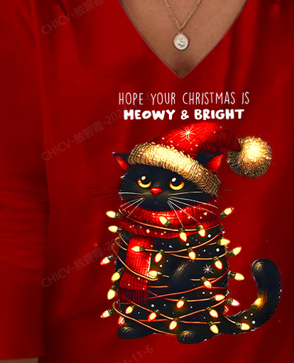 Casual Christmas Animal V Neck Long Sleeve T-shirt