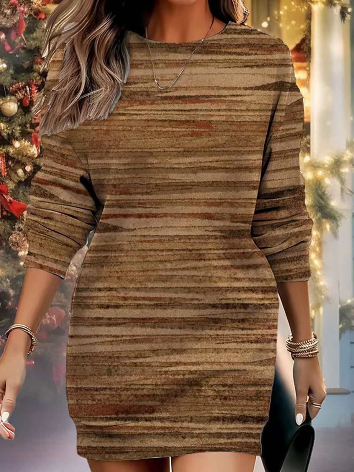 Women Abstract Stripes Spring/Fall Dress V Neck Long Sleeve A-Line Dress