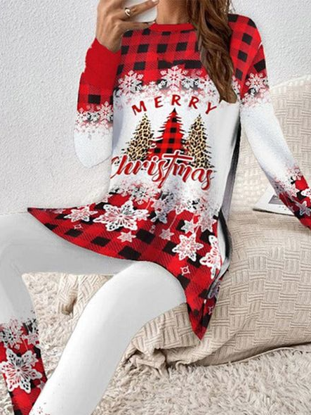 Women Christmas Crew Neck Long Sleeve Comfy Casual Top With Pants Two-Piece Set