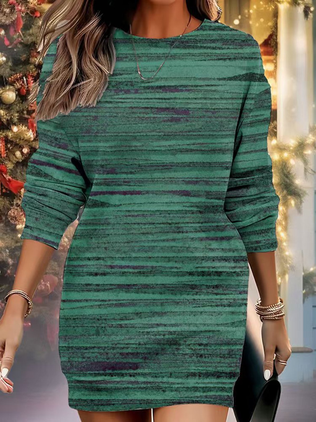 Women Abstract Stripes Spring/Fall Dress V Neck Long Sleeve A-Line Dress