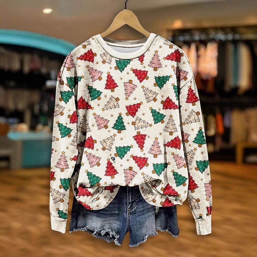 Casual Christmas Crew Neck Floral Sweatshirt Zipper