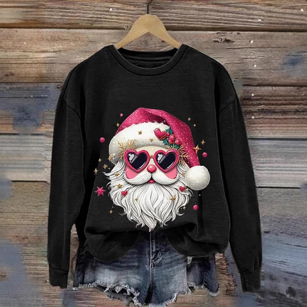 Casual Crew Neck Santa Claus Art Print Animal Sweatshirt