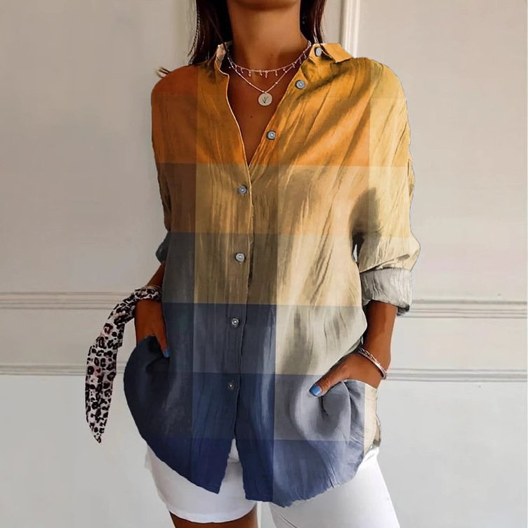 Shirt Collar Long Sleeve Geometric Regular Loose Shirt For Women