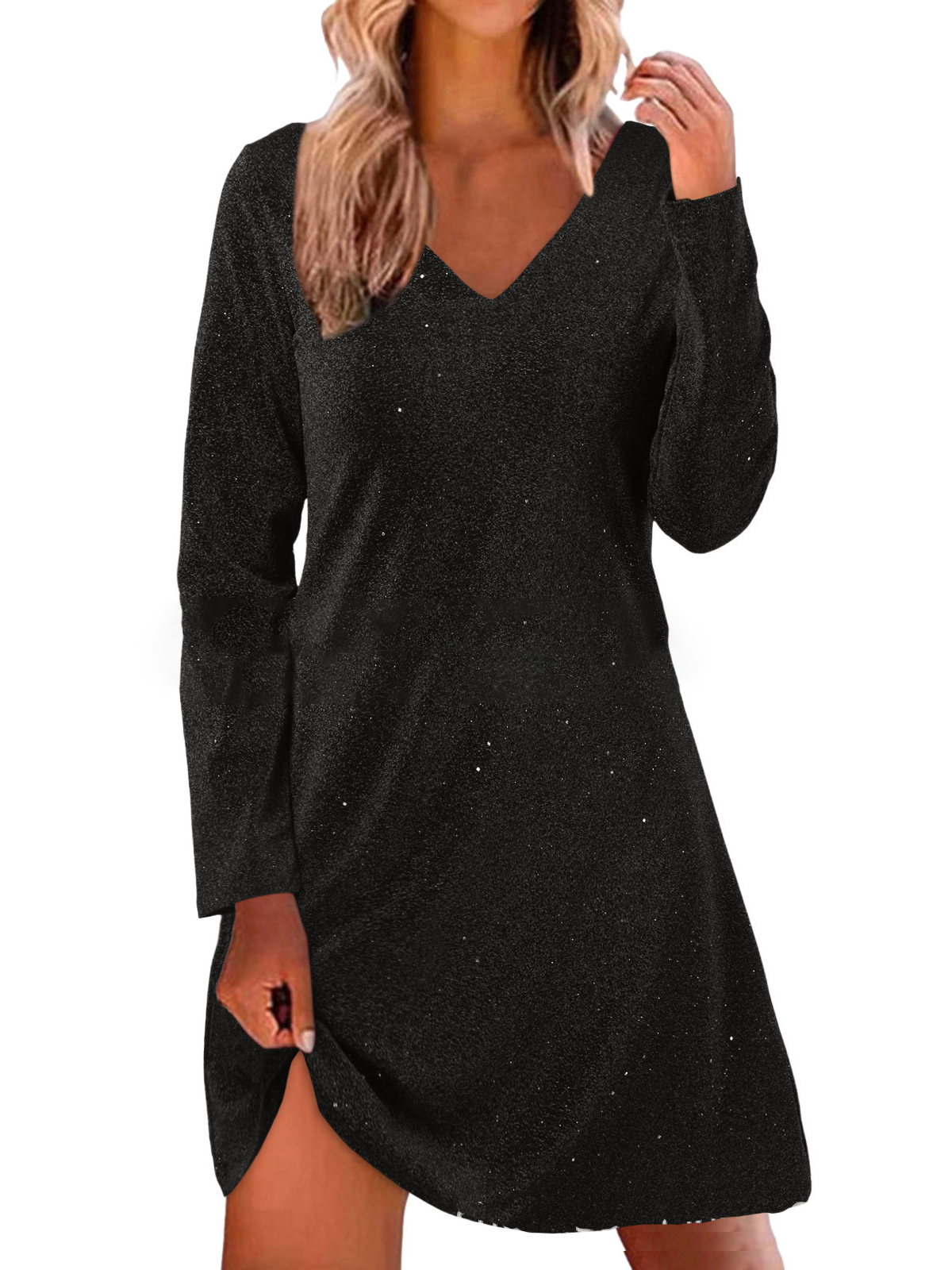 Women Plain V Neck Long Sleeve Comfy Casual Midi Dress