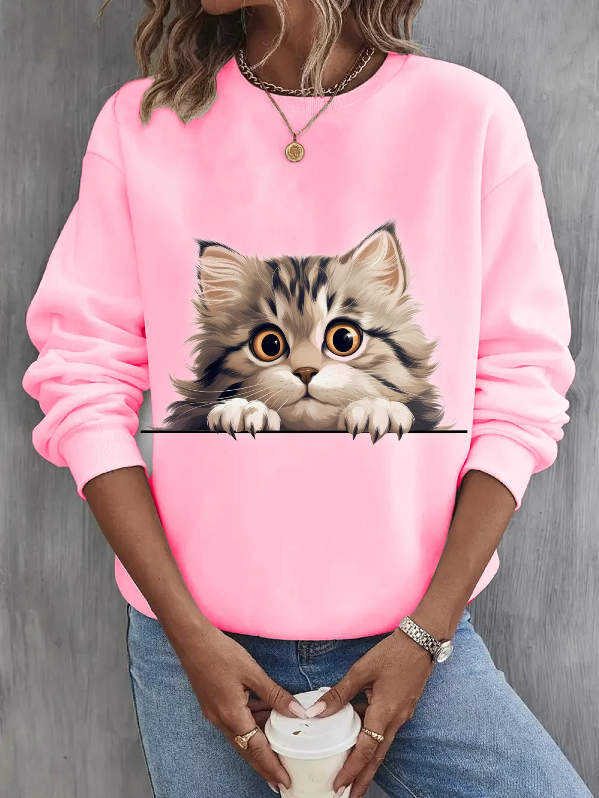 Casual Crew Neck Cat Sweatshirt