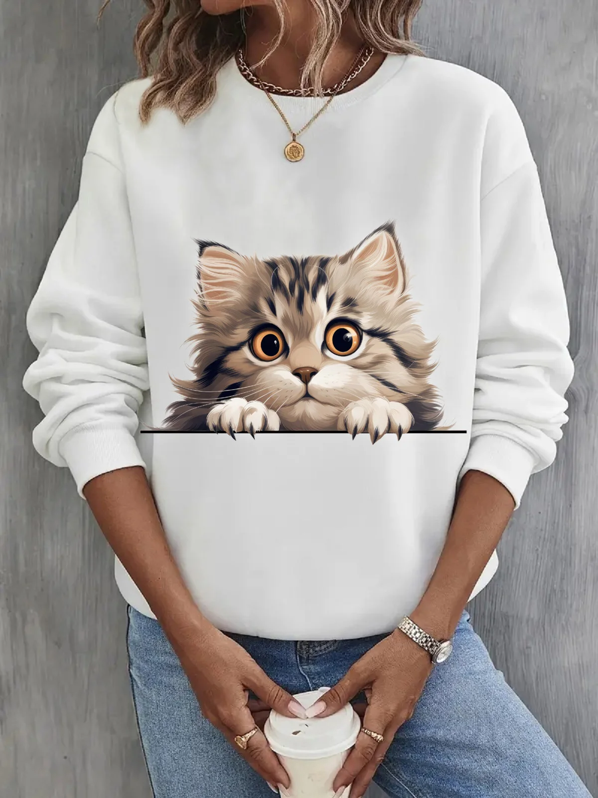 Casual Crew Neck Cat Sweatshirt