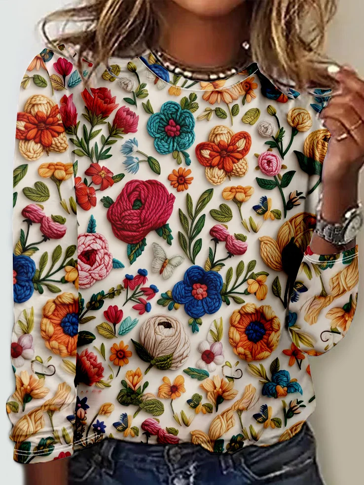 Casual Floral Crew Neck Long Sleeve T-shirt