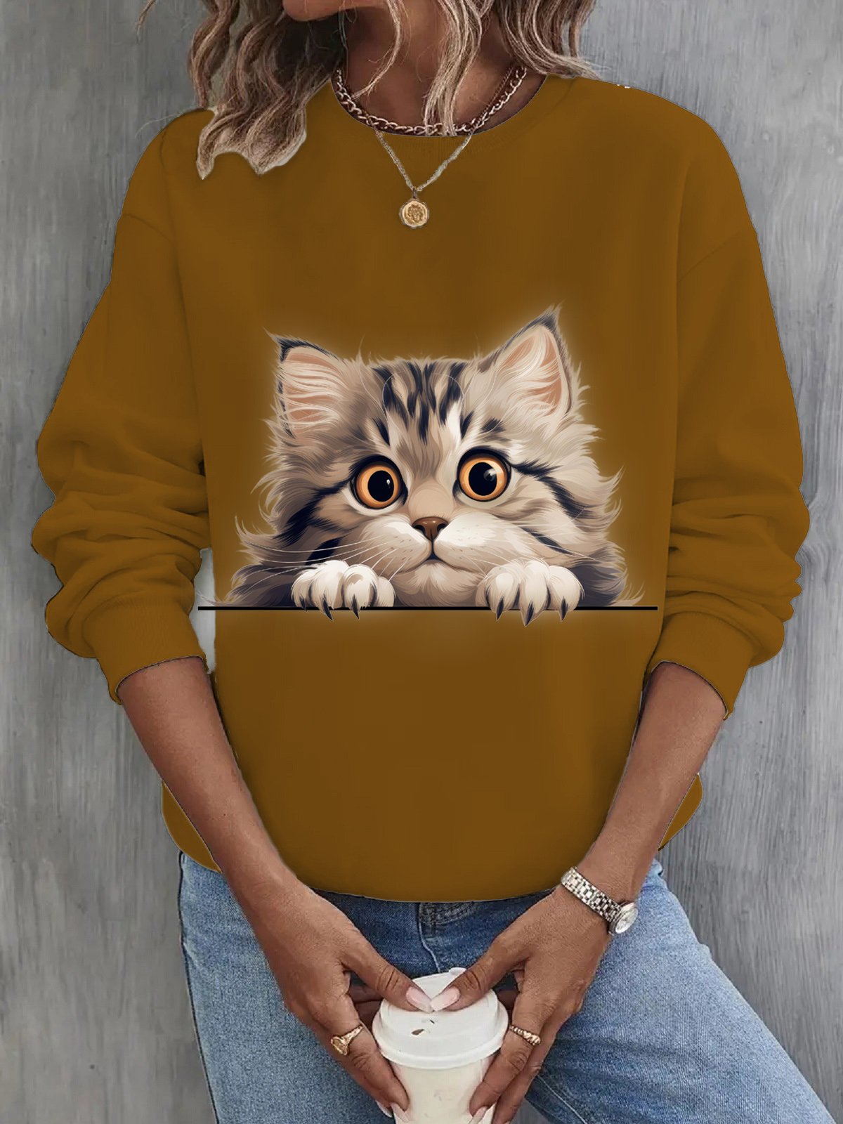 Casual Crew Neck Cat Sweatshirt