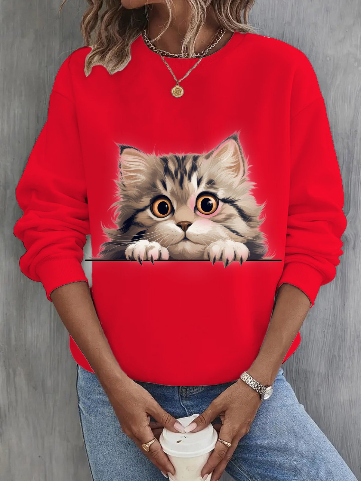 Casual Crew Neck Cat Sweatshirt