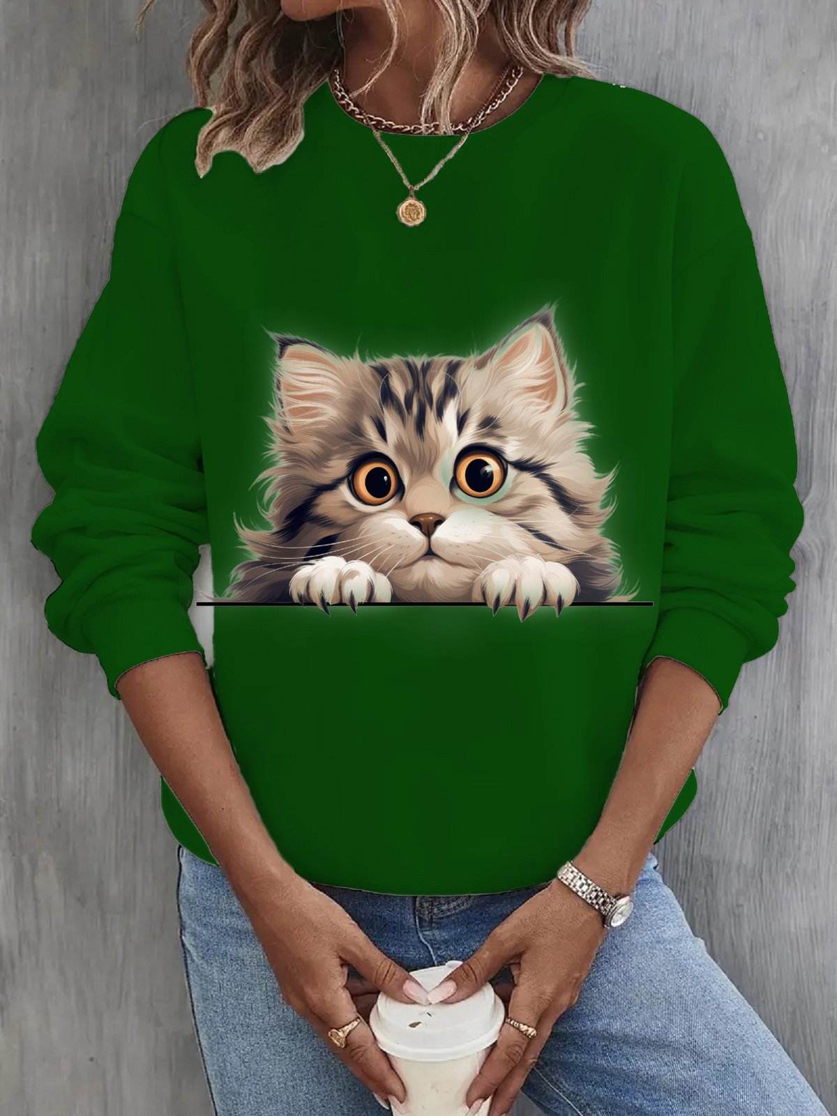 Casual Crew Neck Cat Sweatshirt