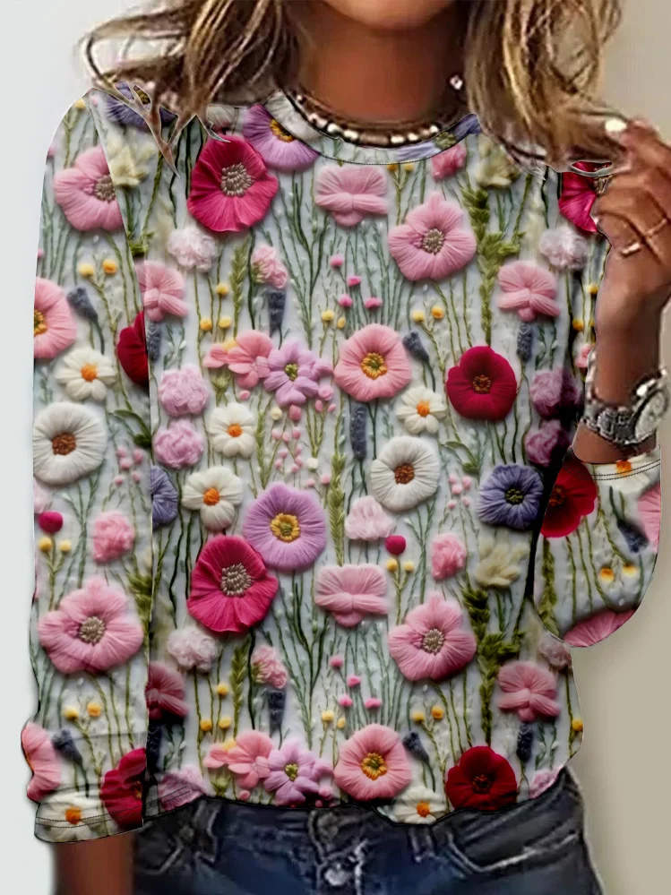 Casual Floral Crew Neck Long Sleeve T-shirt