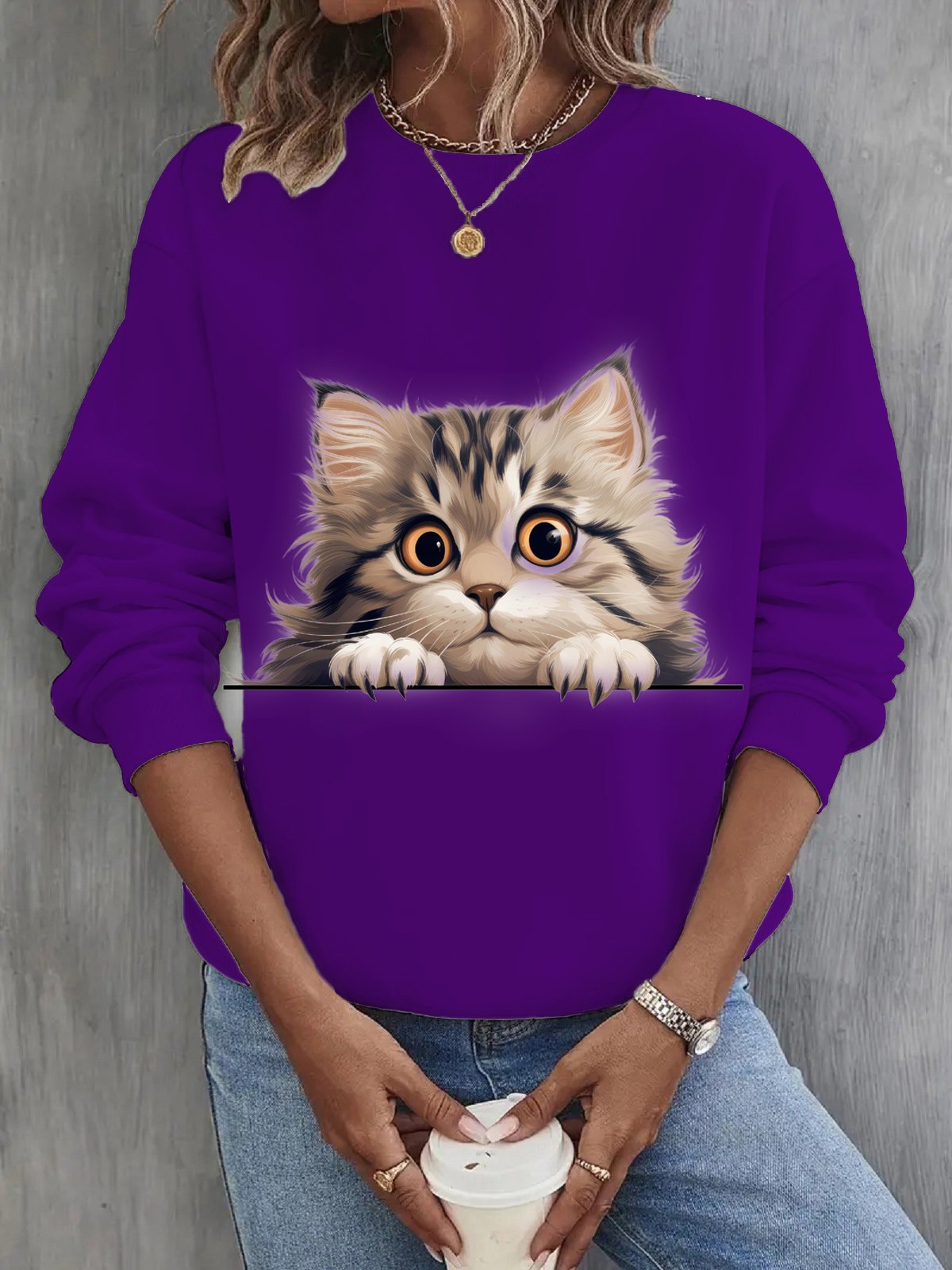 Casual Crew Neck Cat Sweatshirt