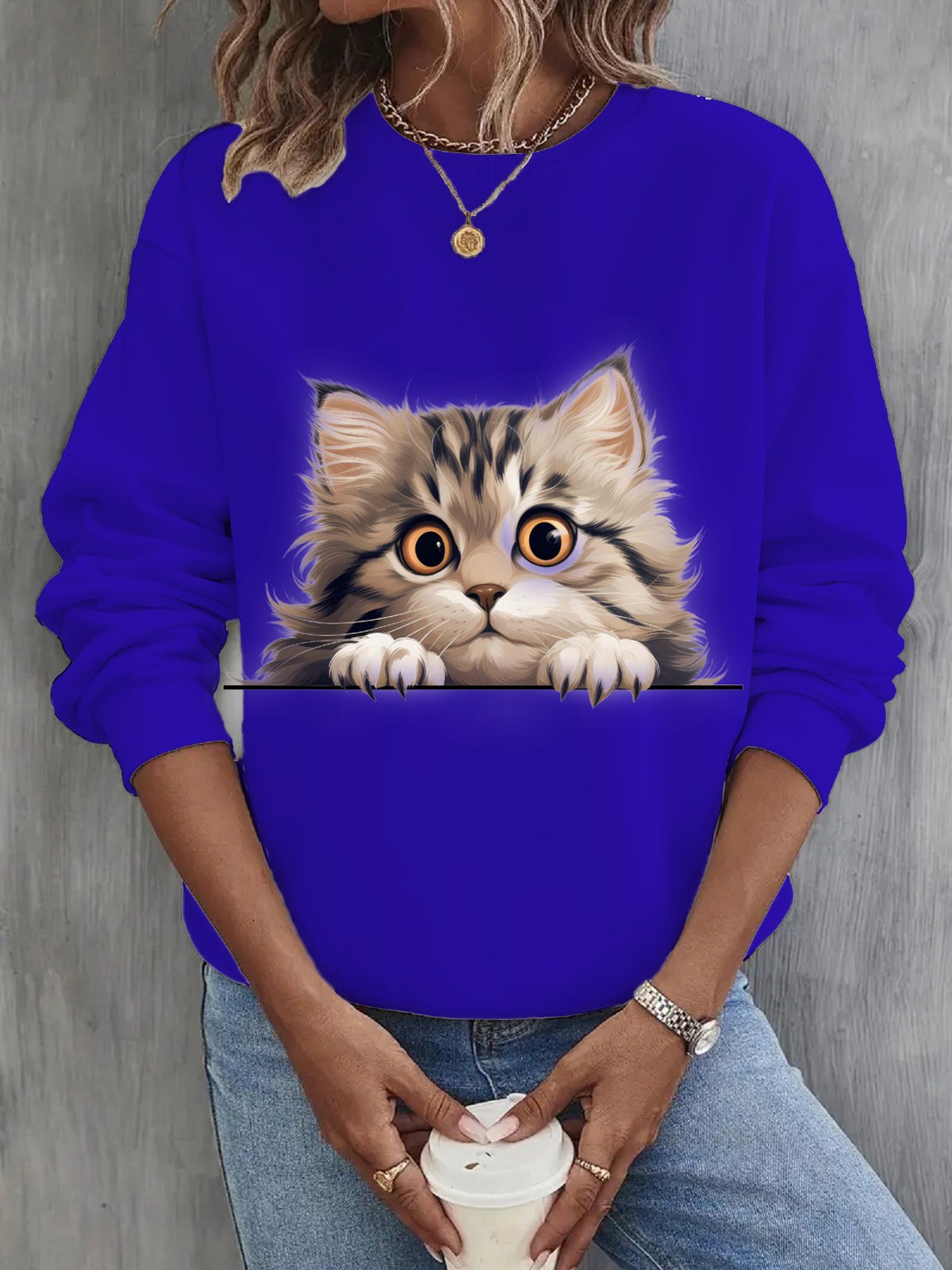 Casual Crew Neck Cat Sweatshirt