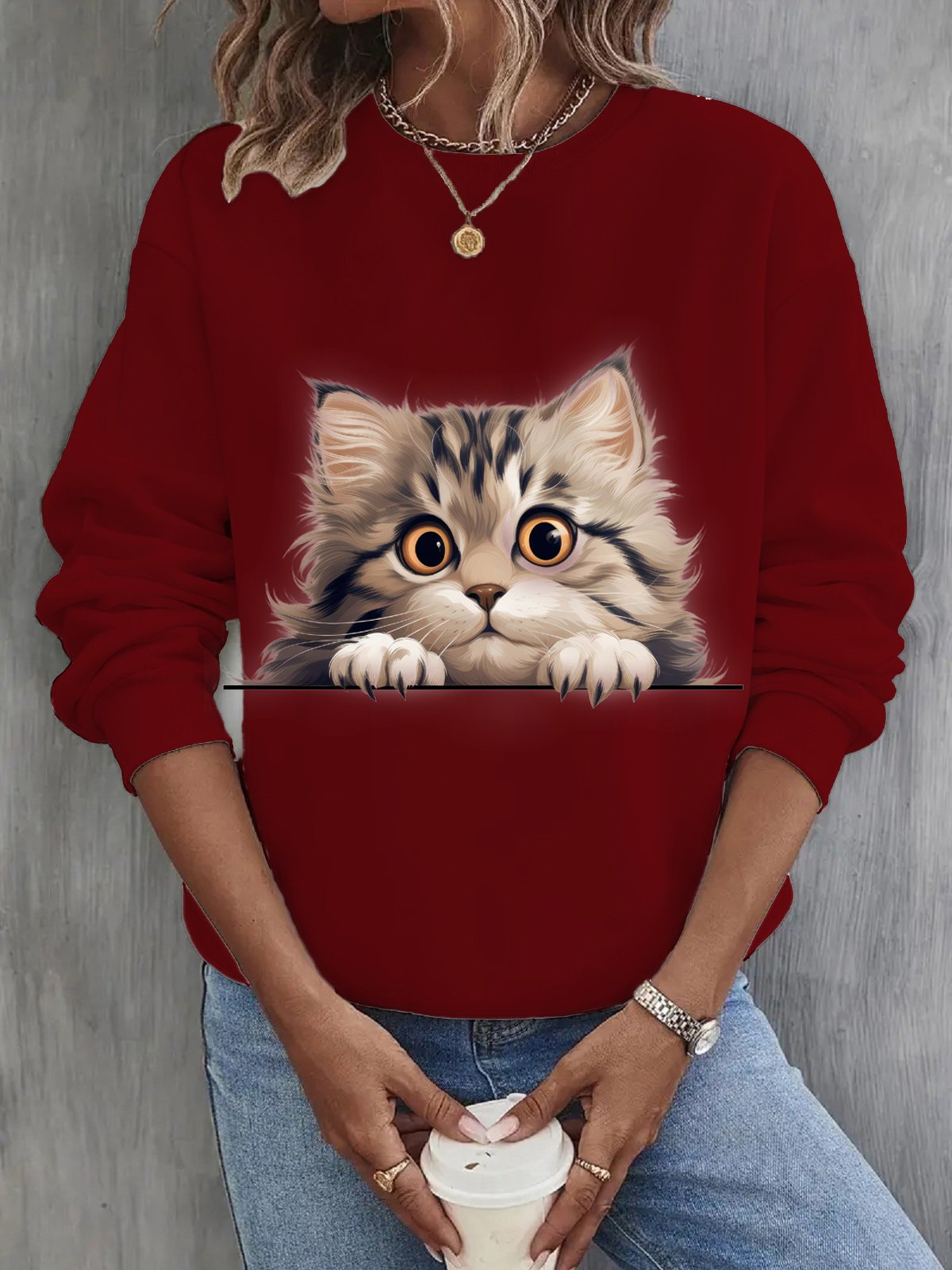 Casual Crew Neck Cat Sweatshirt