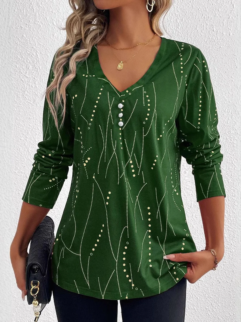 Casual Geometric V Neck Long Sleeve T-shirt