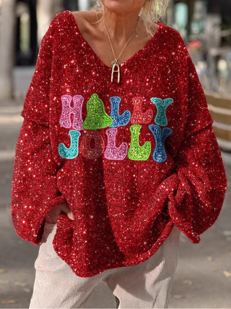 Casual Christmas Holly Jolly V Neck Floral Sweatshirt