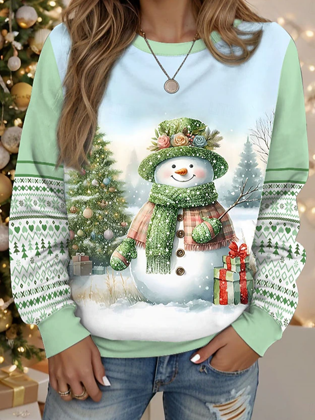 Casual Crew Neck Christmas Snowman Sweatshirt