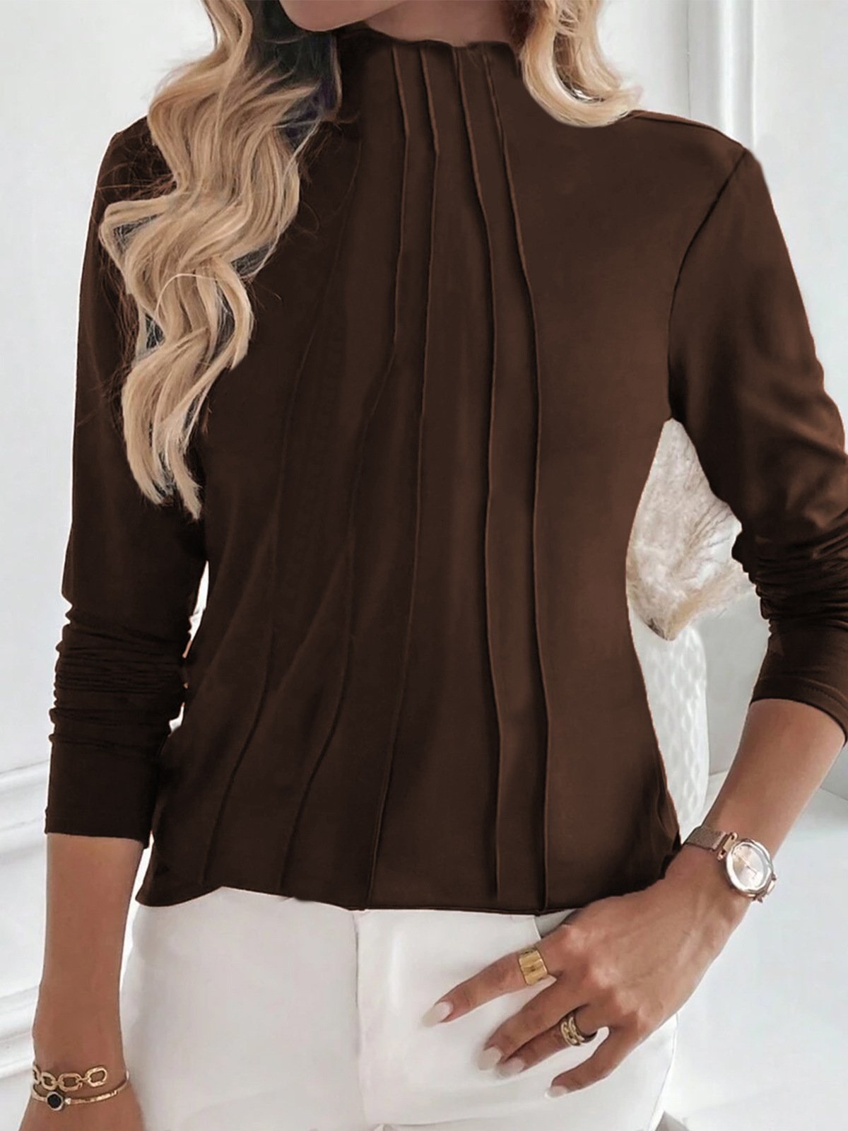 Crew Neck Long Sleeve Plain Regular Micro-Elasticity Loose Blouse For Women